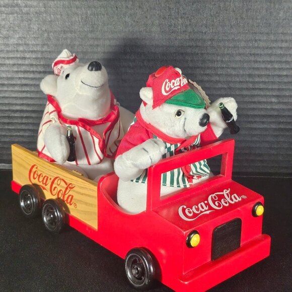 Vintage Red Wooden Coca Cola Truck With 2 White Coca Cola Bean Bag Plush Bears - Picture 10 of 11